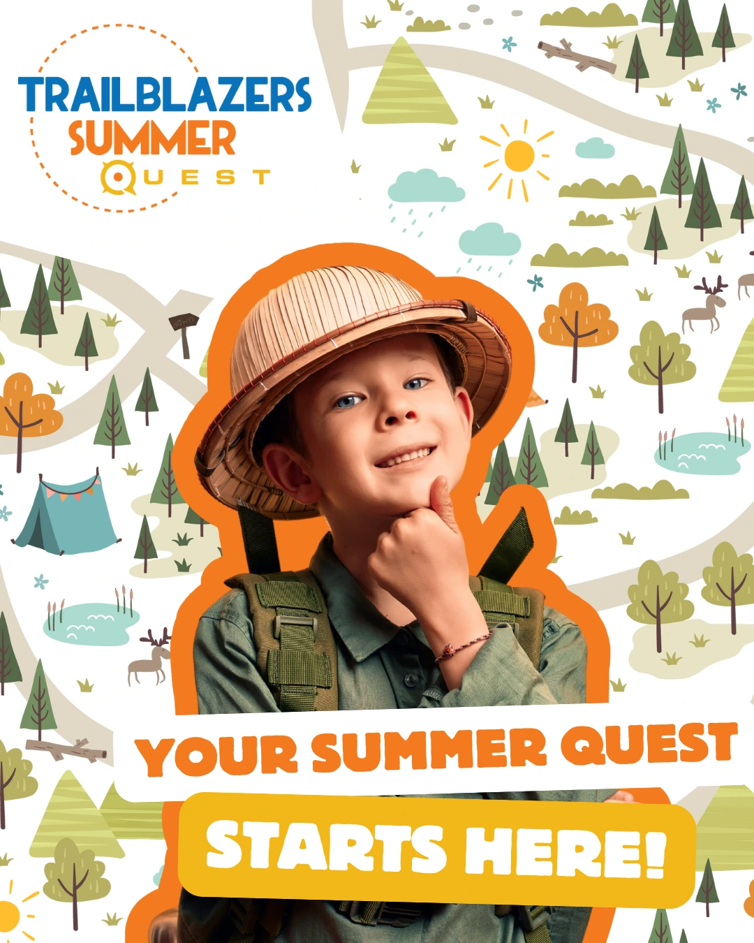 Trailblazers Summer Quest campaign featuring a child and outdoor illustrations