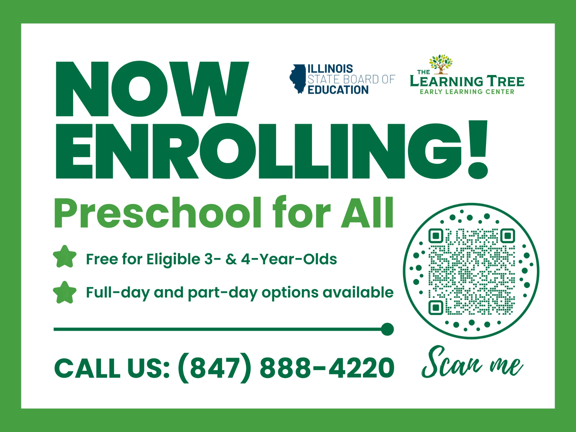English enrollment sign reading Now Enrolling