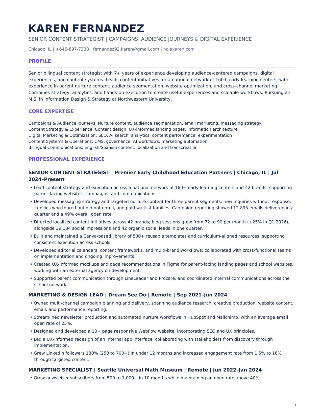 Karen Fernández résumé, page 1 of 2