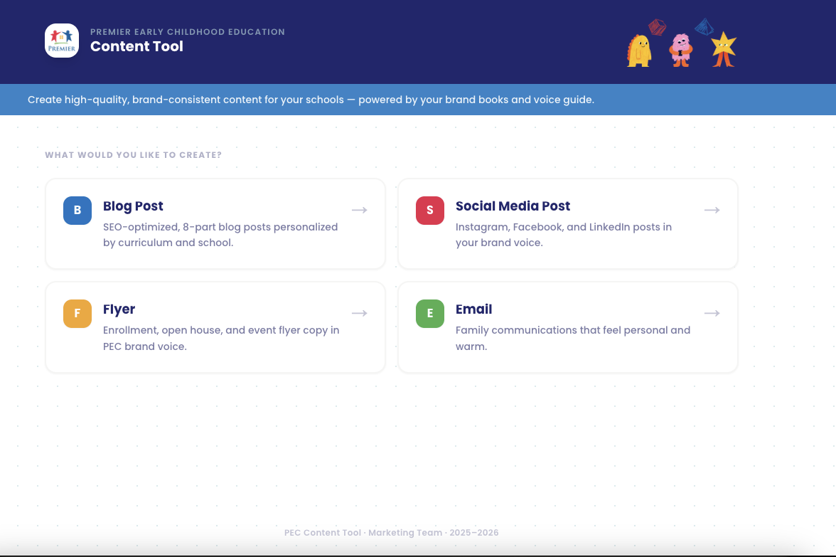 The Premier Early Childhood Education content tool: choose a curriculum and content type to generate a draft