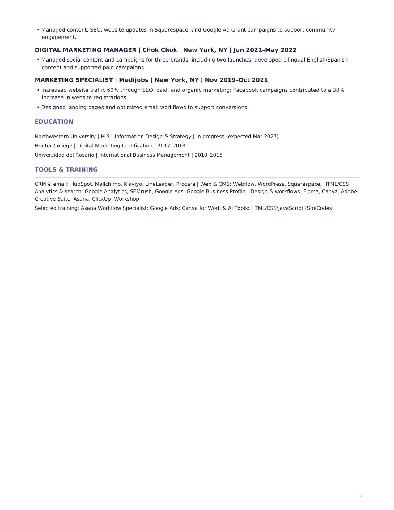 Karen Fernández résumé, page 2 of 2